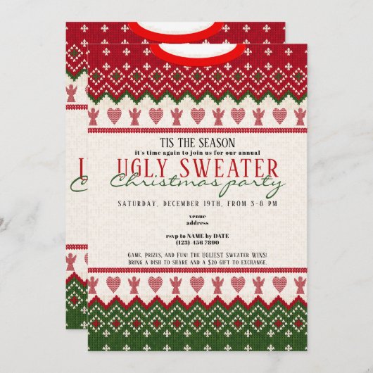 醜いセーターニットハイゲエンジェルハートクリスマス 招待状 (正面/裏面)