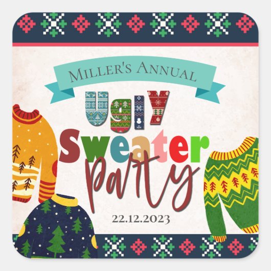 醜いセーターパターンクリスマスパーティの招待状 スクエアシール (正面)