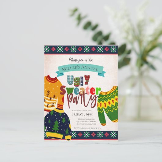 醜いセーターパターンクリスマスパーティの招待状 ポストカード (スタンド正面)