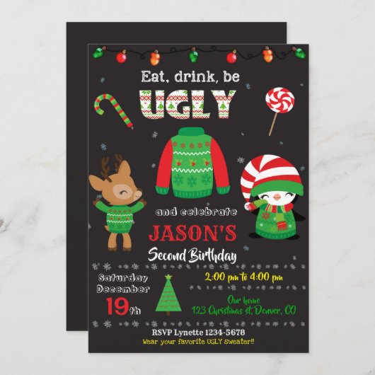 醜いセーターパーティの招待状クリスマス 招待状 (正面/裏面)