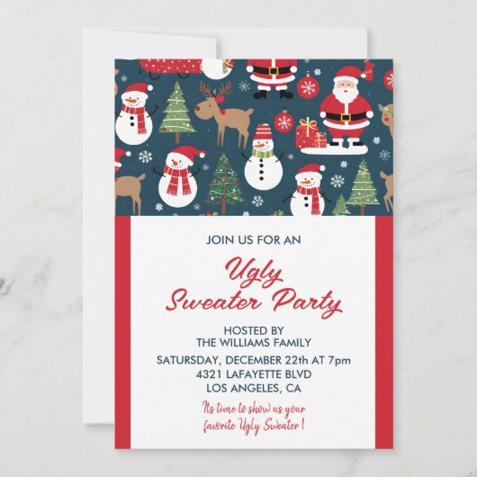 醜いセーターパーティの招待状ツリー雪だるま 招待状 (正面)