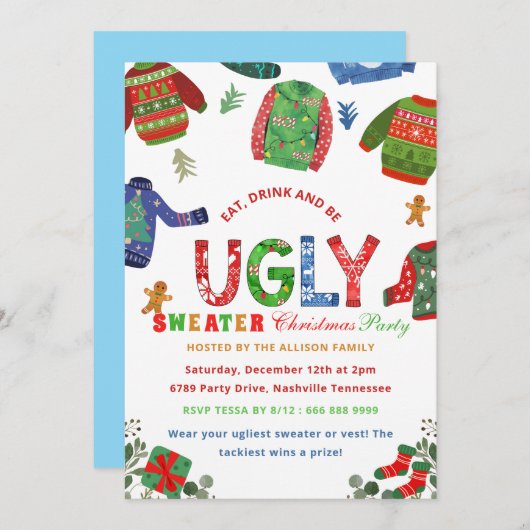 醜いセーターホリデークリスマスパーティの招待状 招待状 (正面/裏面)