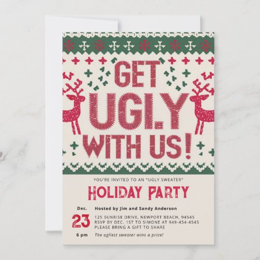 醜いセーターヴィンテージレトロレッドクリスマスパーティー 招待状 (正面)