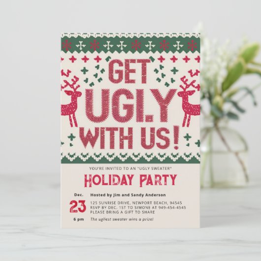 醜いセーターヴィンテージレトロレッドクリスマスパーティー 招待状 (スタンド正面)