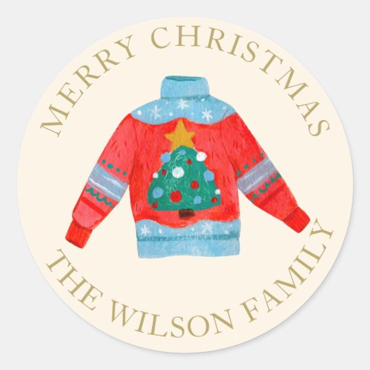 醜いセーター家族かわいいメリークリスマスホリデー ラウンドシール (正面)