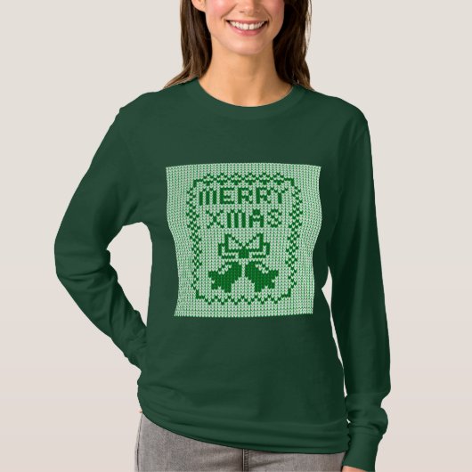 醜いセーター柄のジングルベルとメリークリスマスw tシャツ (正面)