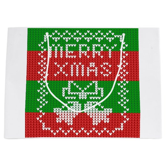 醜いセーター模様のジングルベルメリークリスマス糸 ラージペーパーバッグ (正面)