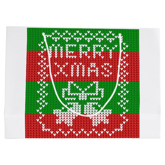 醜いセーター模様のジングルベルメリークリスマス糸 ラージペーパーバッグ (裏面)