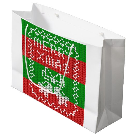 醜いセーター模様のジングルベルメリークリスマス糸 ラージペーパーバッグ (正面アングル)
