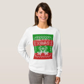 醜いセーター模様のジングルベルメリークリスマス糸 Tシャツ (正面フル)