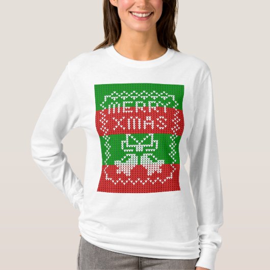醜いセーター模様のジングルベルメリークリスマス糸 Tシャツ (正面)