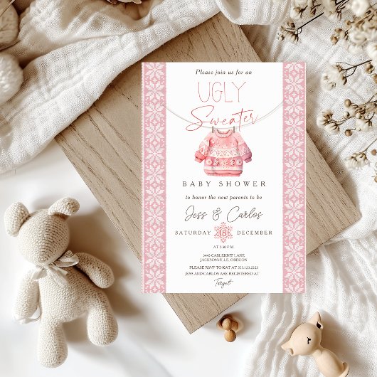 醜いセーター赤ちゃんシャワー招待状、ピンクシャワー 招待状