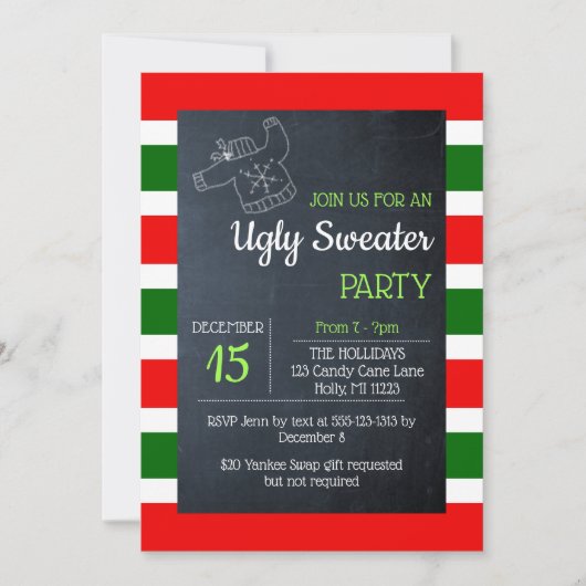 醜いセーター赤と緑のストライプクリスマス 招待状 (正面)