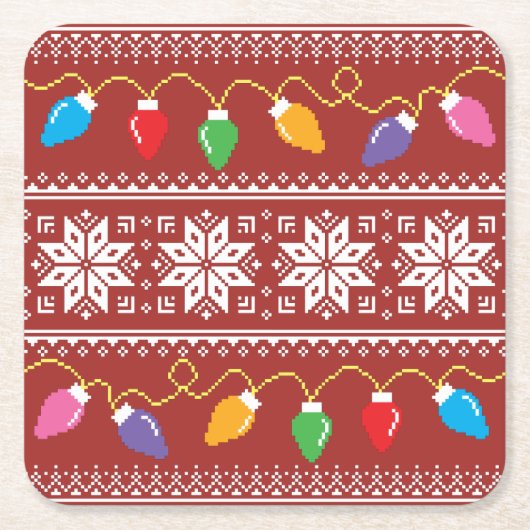 醜いセーター雪の結晶クリスマスライトレッド スクエアペーパーコースター (正面)