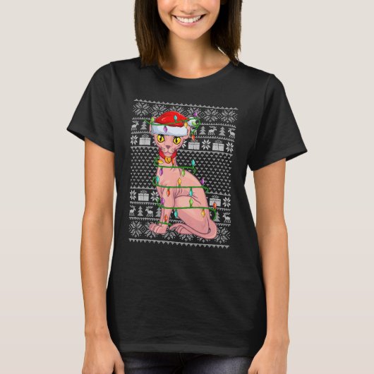 醜いセーター風 クリスマスライト サンタ スフィンクス猫 チ Tシャツ (正面)