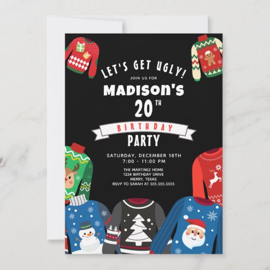 醜いセーター20th誕生日パーティーへの招待 招待状 (正面)