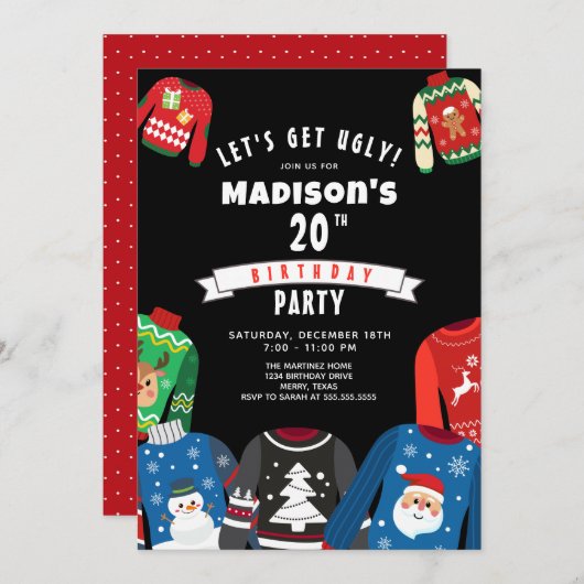醜いセーター20th誕生日パーティーへの招待 招待状 (正面/裏面)