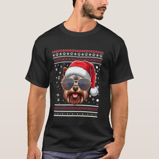 醜いセーター クリスマス サンタ ヨークシャーテリア 犬 クリスマス Tシャツ (正面)
