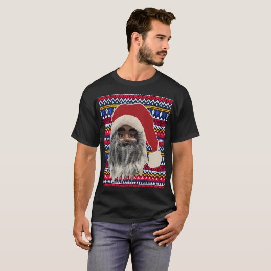 醜いセーターTシャツブラックサンタおもしろいパーティー Tシャツ (正面フル)