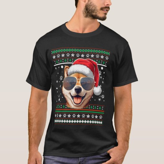 醜いセーターXマスサンタ柴犬ドッグクリスマス Tシャツ (正面)