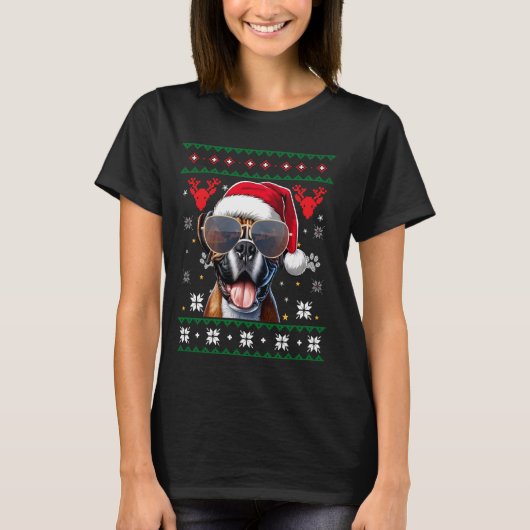 醜いセーターX-masサンタボクサードドッグクリスマス Tシャツ (正面)