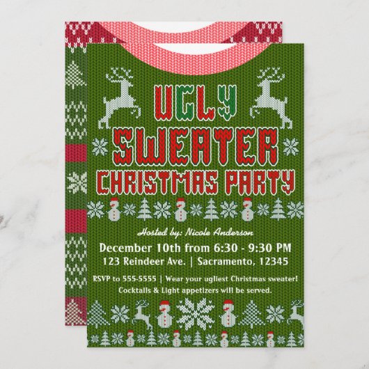 醜いニットセーターパーティーレッド&グリーン 招待状 (正面/裏面)
