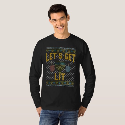 醜いハヌカのセーター Let's Get Lit で飲もう 1 Tシャツ (正面フル)