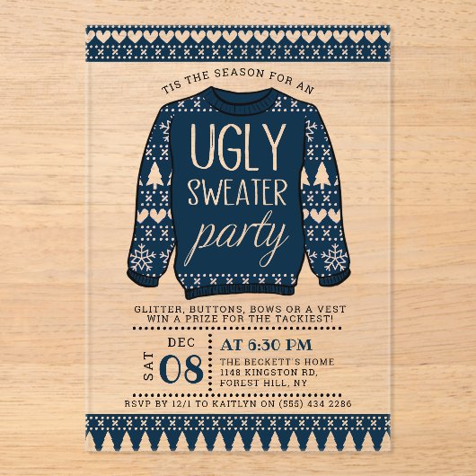 醜いブルークリスマスセーターホリデーパーティー アクリル招待状 (正面)