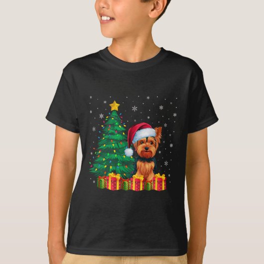 醜いヨークシャーテリアサンタハットクリスマスライト Tシャツ (正面)