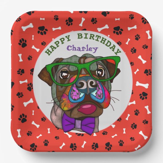 醜い犬の顔パグ誕生日紙プレート ペーパープレート (正面)
