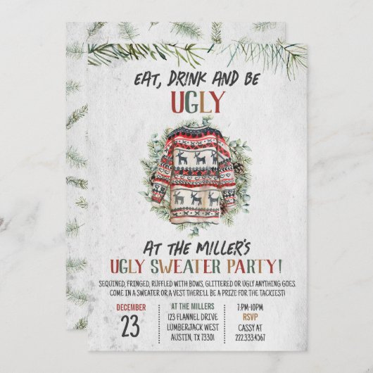 醜い素朴セーターのクリスマスパーティー 招待状 (正面/裏面)