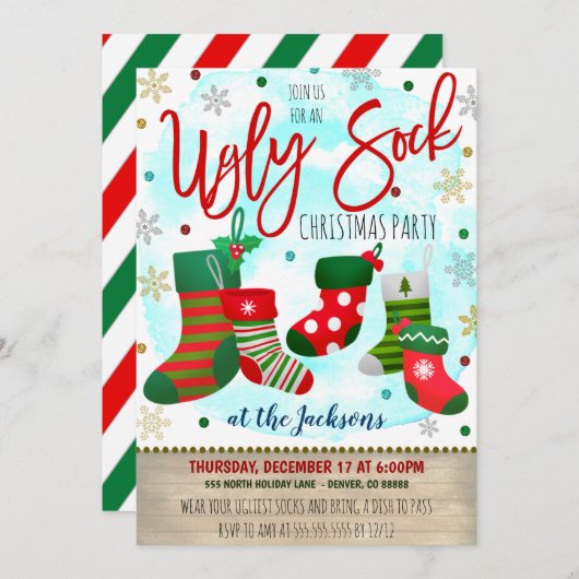 醜い靴下クリスマスパーティの招待状 招待状 (正面/裏面)