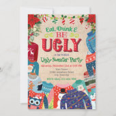 醜い「ドリンク食べ&醜い」クリスマスのセーターのパーティー シーズンカード (正面)