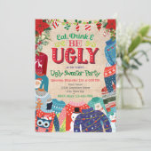 醜い「ドリンク食べ&醜い」クリスマスのセーターのパーティー シーズンカード (スタンド正面)
