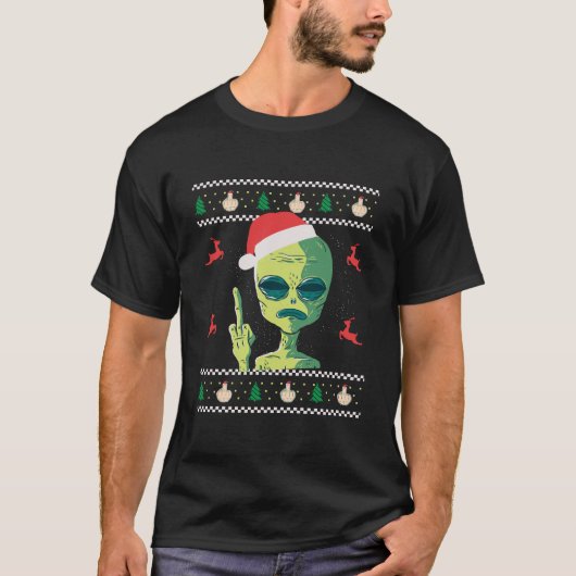 醜おもしろいいクリスマスのアパレルエイリアン中指 Tシャツ (正面)