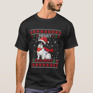 醜おもしろいいドグメリーマスフレンチブルドッグサンタハット Tシャツ