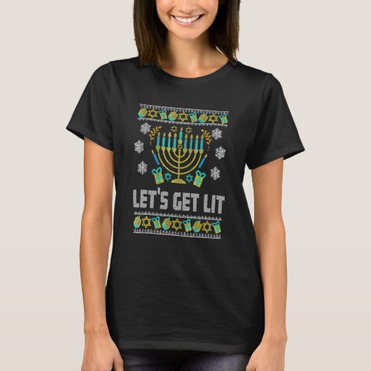 醜おもしろいいハヌカーのセーターが点灯(ユダヤ教)メノラー Tシャツ (正面)