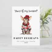 醜おもしろいいユニークセーターのユーモア猫のクリスマス シーズンカード (スタンド正面)