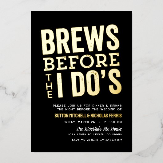 醸造所のリハーサル前のブルームの夕食の黒 箔招待状 (正面)