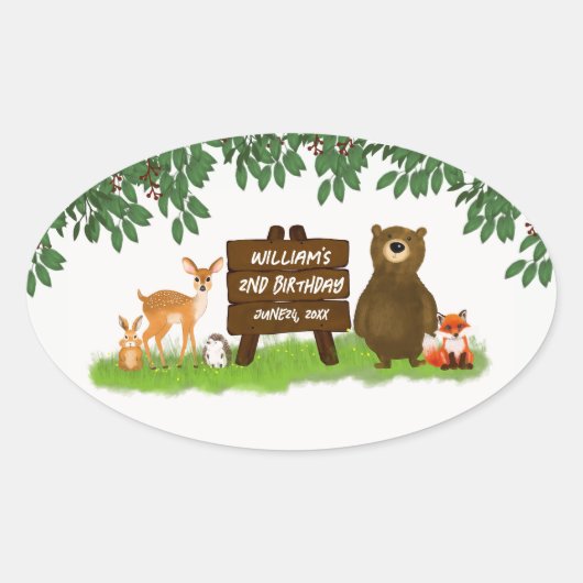 里山の森の動物たち こどもの誕生日 楕円形シール (正面)