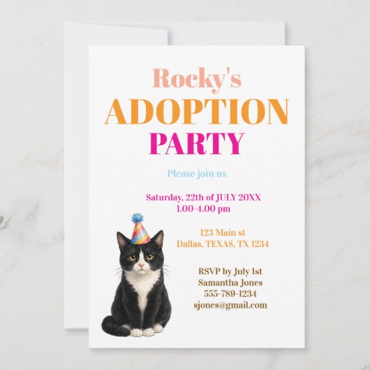 里親お迎えパーティー おめでとう タキシードキャット ペット 招待状 (正面)