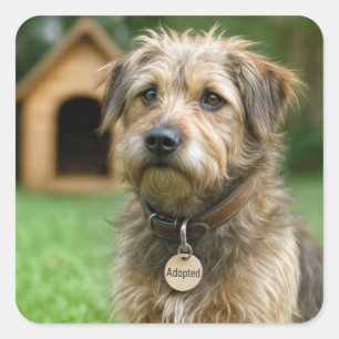 里親になったボサボサワンコと犬小屋 スクエアシール