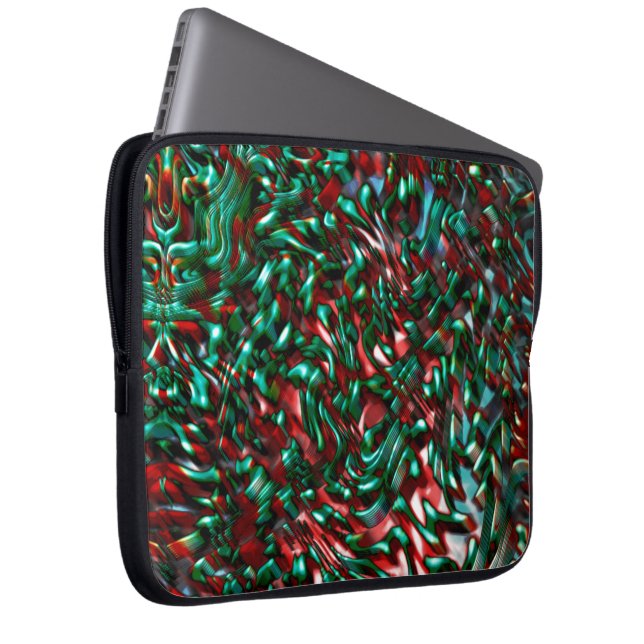 重なる曲線、緑とバーガンディ ラップトップスリーブ (正面右)