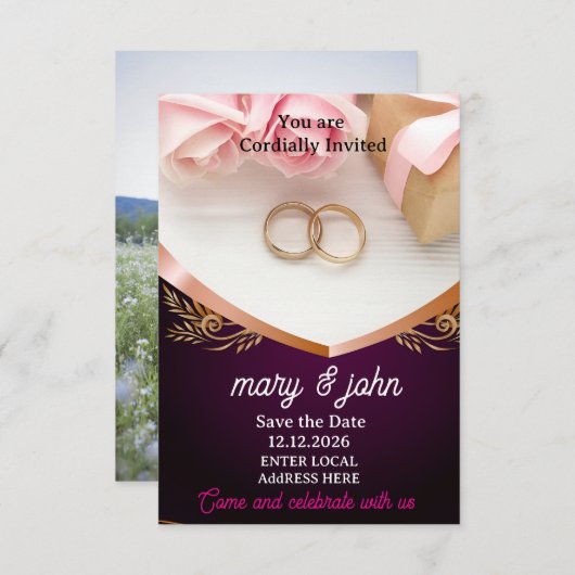 重ねエレガント合わせフォト結婚式招待状 | モダン 招待状 (正面/裏面)