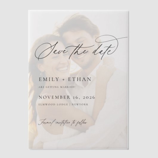 重エレガントねて写真の結婚式の日付を保存 ベラム紙招待状 (正面)