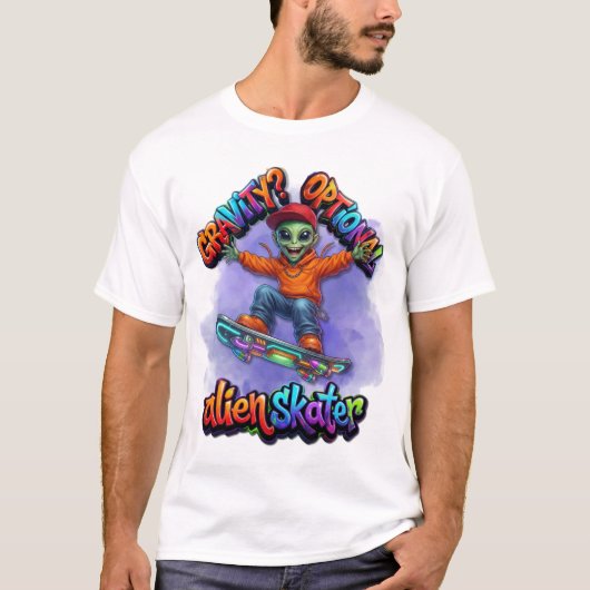 重力を無視したエイリアンスケーターのホバーボード宇宙アート Tシャツ (正面)