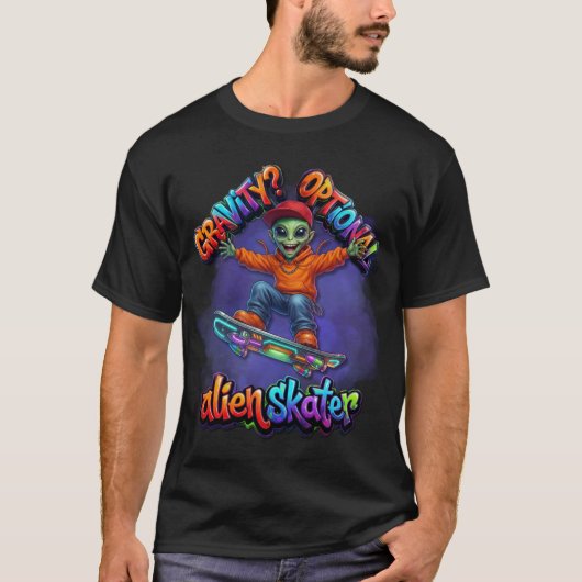 重力を無視したエイリアンスケーター ホバーボード 宇宙アート Tシャツ (正面)