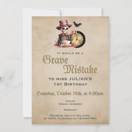 重大な間違いゴシックのスケルトンハロウィーンベビーBday 招待状 (裏面)