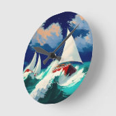 重海を走る帆船 ラウンド壁時計 (傾斜)