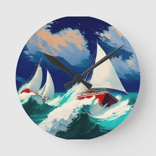 重海を走る帆船 ラウンド壁時計 (正面)